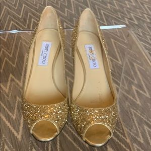 Jimmy Choo Gold Sparkle Peep Toe Heels